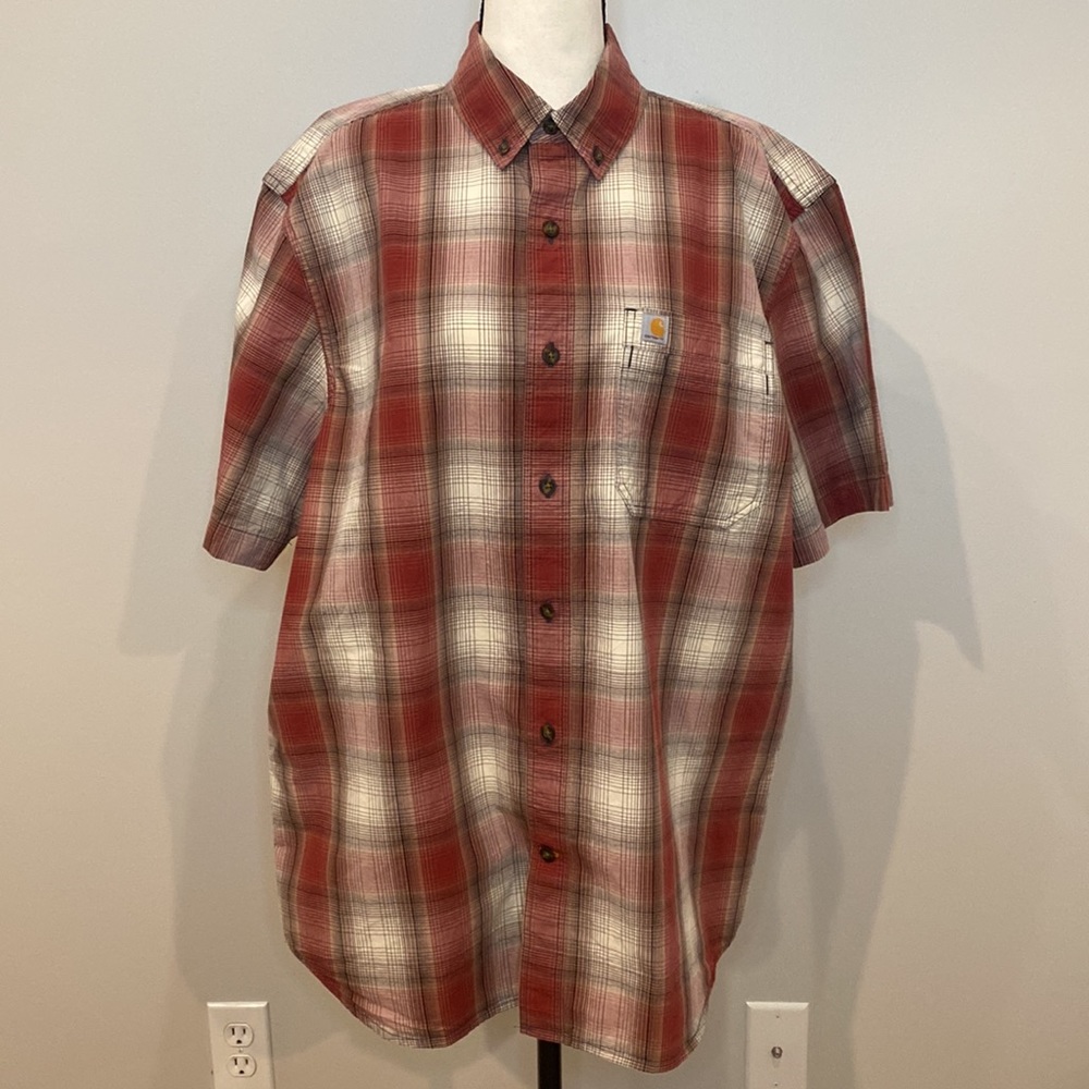 Mens Carhartt relaxed fit short sleeve red brown plaid button down performance L